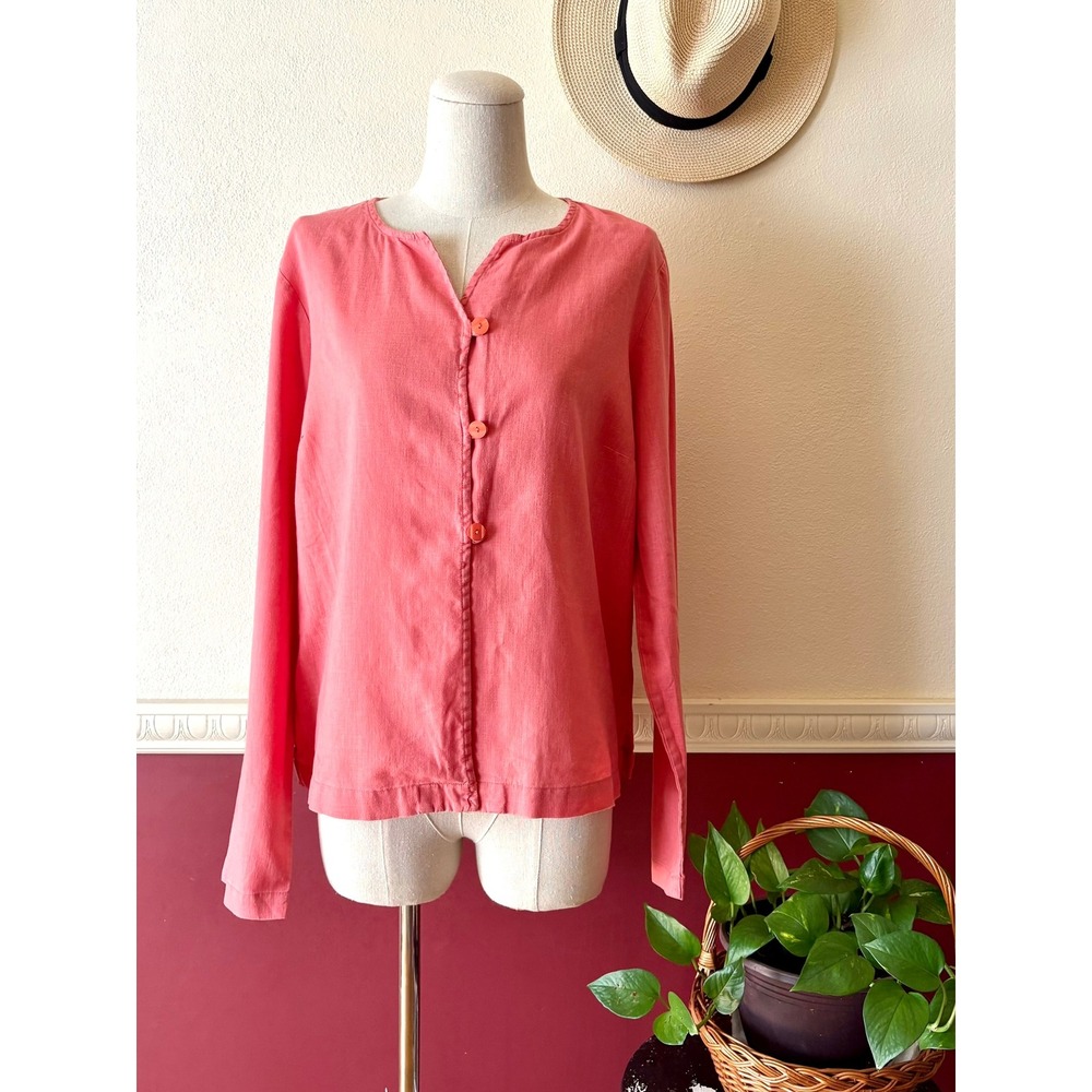 Vintage Cherokee Coral Pink Linen Blend Button Loop Top L Bohemian Artsy Natural